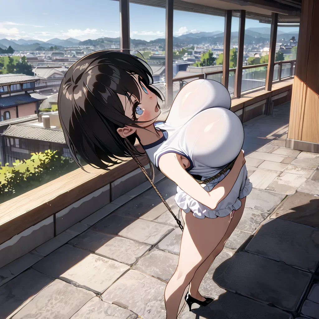 masterpiece, best quality, (Beautifully detailed eyes:1.2), anime, break, terrace, landscape, break, (Alone), (1 person、 skinny and very small girl standing:1.2), (Swing Back:1.2),  place hands on back , Big bouncing breasts , watch viewers, break, ( incre...