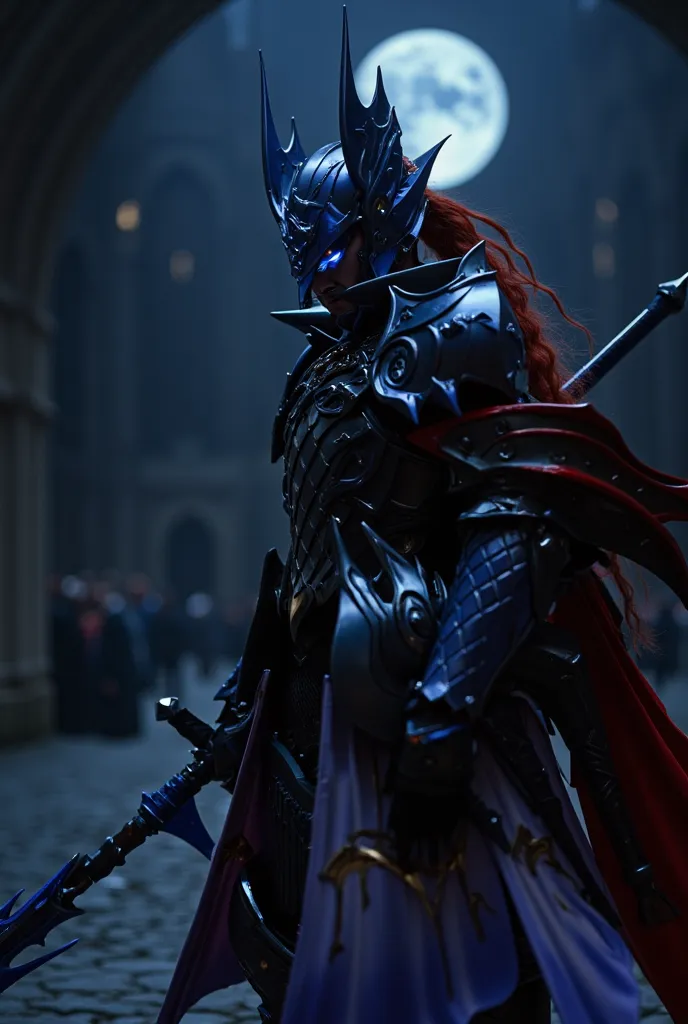 masterpiece,The best quality, depth of field,8K,looking at the viewer
,A knight without a helmet has bright blue eyes, blind in one eye, also has long red hair tied in a ponytail, wears blue-black armor with spikes on his shoulder pads, carries a Guja with...