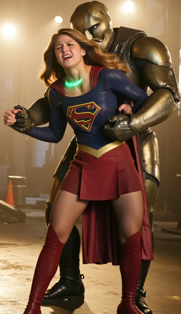 Melissa Benoist as Supergirl, (a very short skirt), fighting with an enemy, she is sexual assaulted from behind by Lex Luther the robot, she bend down and push his hand out, a green lighting collar on her neck, painful face, (Supergirl is screaming in pain...