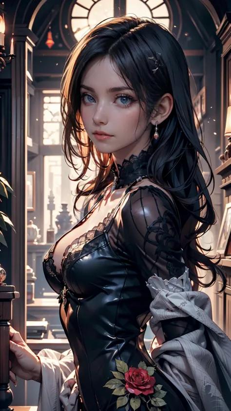 ((complex details)),Dark Fantasy (/style/),  Gloomy Atmosphere , (Beautiful succubus girl, long hair), (Sexy Black Lace Outfit), (lustful expression) ,  is dull, sharp concentration, like the movie, (walking pose, Dynamic Pose), art station trending, (maje...