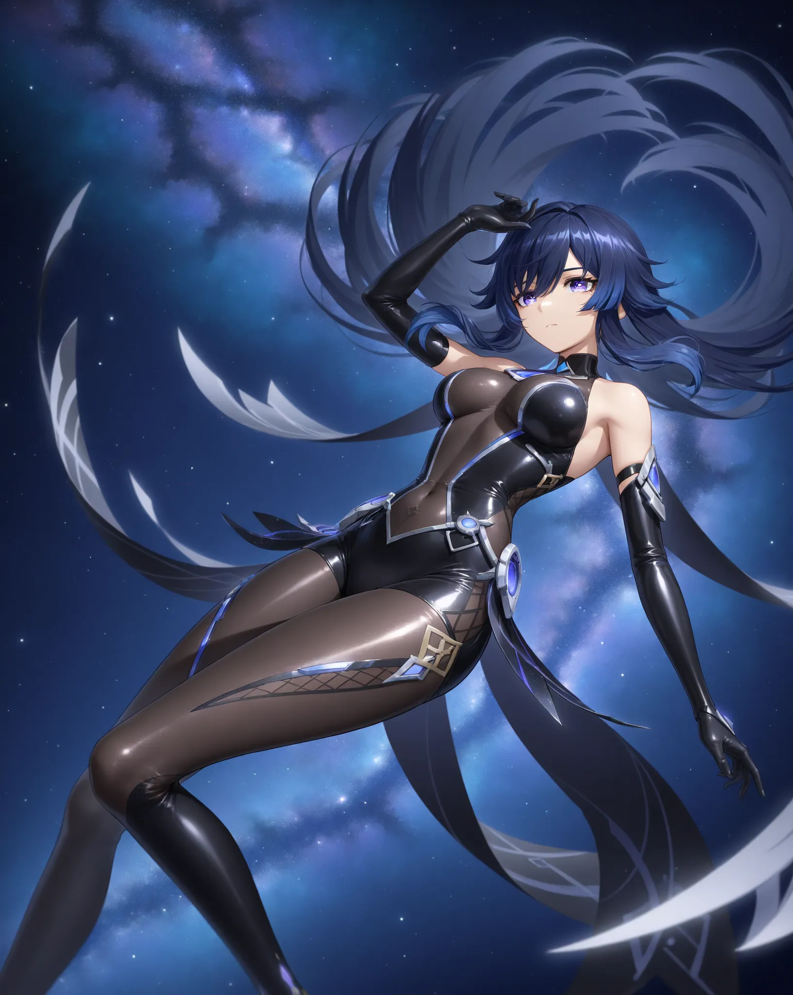 best thighs、 genshin 、 beautiful skin、Clear shadows、Dark blue hair 、long hair、Galaxy Eyes 、 black tights、 bodysuit、mechanical、Cheung Suso、best image quality、 Milky Way、Mr.々What a planet 