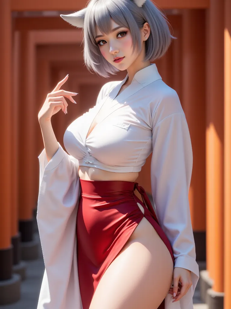 (Realistic results)，1 girl, high resolution, Photo by Nimi ×4，bigger breasts in bikinis，short bob，Gray Hair，solemn shrine, lots of torii gates, big fox ears，Japanese cotton costume，White kosedo red big hakama Inari shrine maiden ，( clear，costume to the wed...