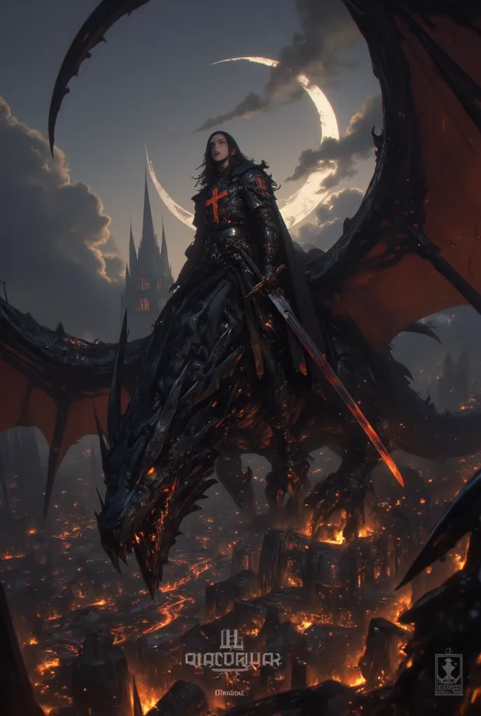 A lone warrior stood atop the back of a massive black dragon, its vast wings spread wide against the darkened sky. His golden eyes burned with an eerie glow as he gazed upon the ruined empire beneath him. He wore a black suit of armor, adorned with faint g...