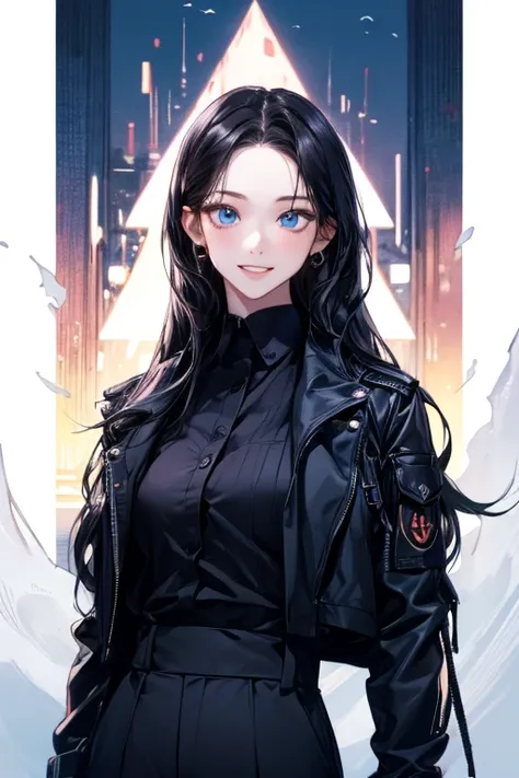 exceptional, best aesthetic, new, newest, best quality, masterpiece, extremely detailed), masterpiece, 1girl , Alone, open_mouth, smile, looking_at_viewer,hair_good, sky,black suit jacket, black suit pants, black t-shirt,masterpiece, masterpiece_portrait, ...