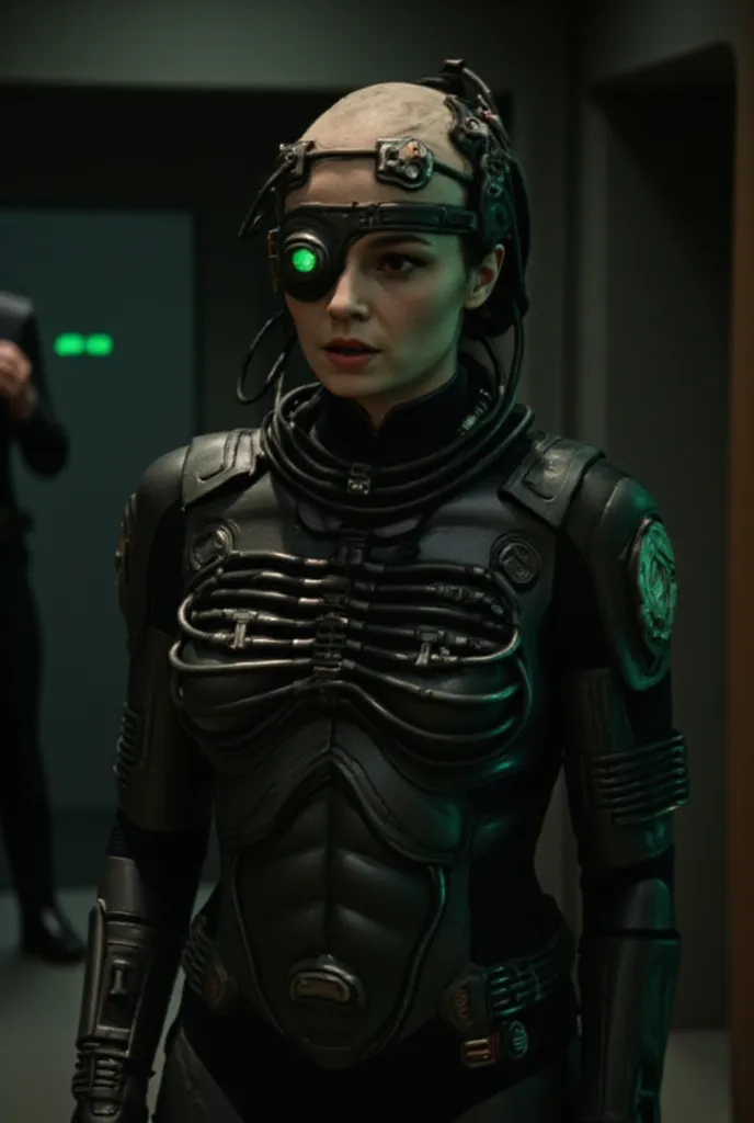 Borg christine from Star Trek, standing in a dark, mechanical environment. Her face is pale with a mix of human features BALD and sleek cybernetic implants. A glowing green ocular device covers one eye, with wires running down her neck into her body. Her s...