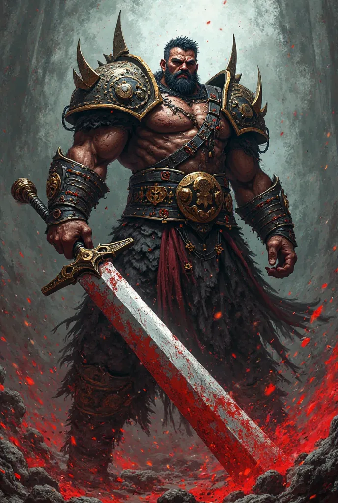 Create an image of Guts de Beserker. Very muscular and wicked, with a lot of anger and anger. And with a big bloody sword.