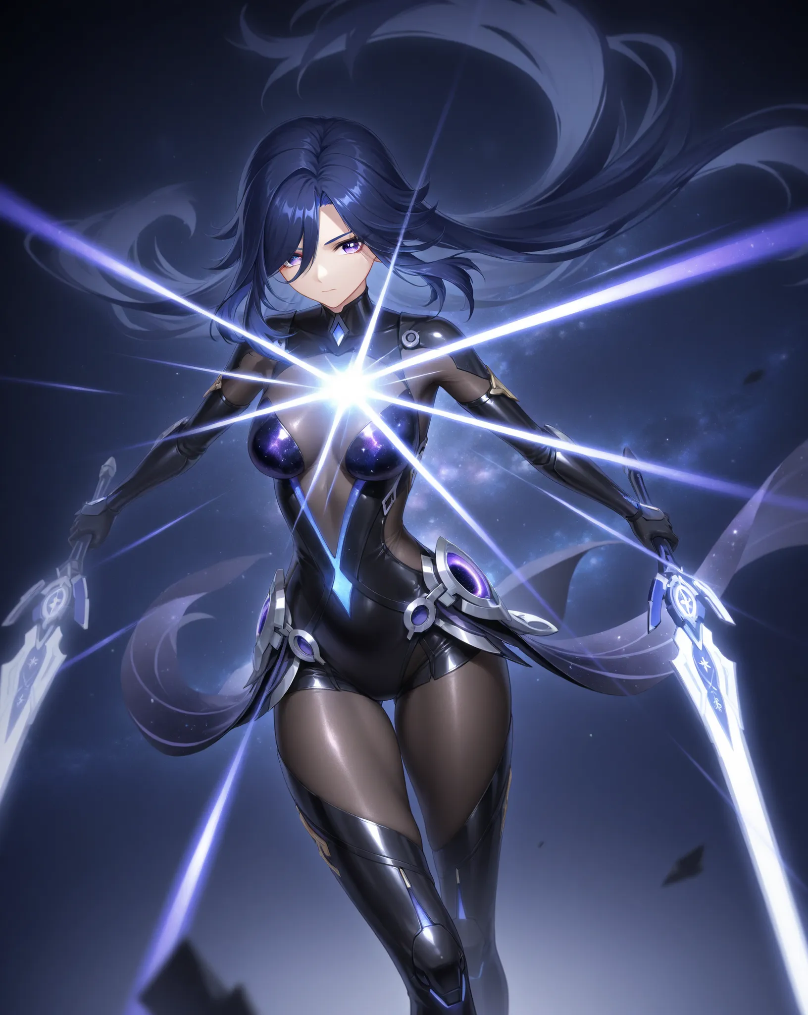 best thighs、  Genshin、 beautiful skin、Clear shadows、Dark blue hair 、long hair、Galaxy Eyes 、 black tights、 bodysuit、mechanical、Cheung Suso、best image quality、Galactic Sword