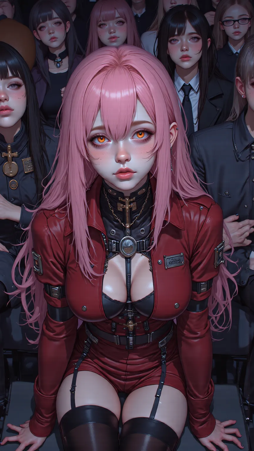 masterpiece、best quality、highres、close up、absurd、 1girl 、crowd、skirt、pink hair、Gasai Yuno、yunouniform、crop top、belly button、revealing clothes、looking at the audience、face red、wallpaper、Yandere,Exquisite and delicate portrait,Young woman with long pink hair...