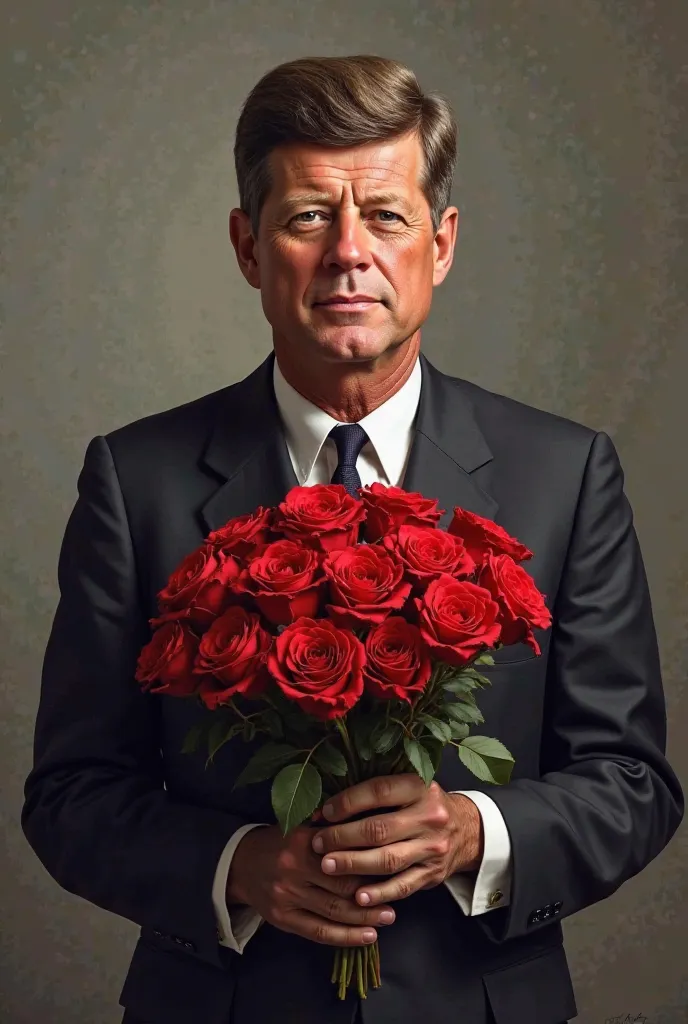 John F Kennedy with bouquet of roses