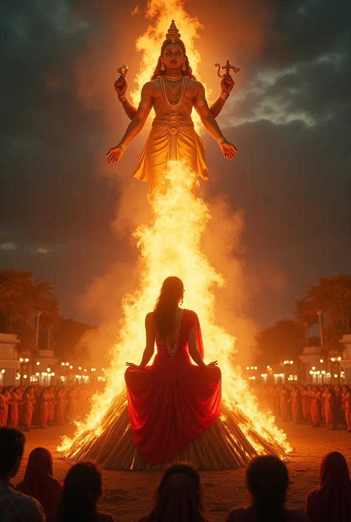 (photorealism:1.2),"A dramatic and divine scene of Holika Dahan, where a majestic woman in a flowing red saree sits calmly on a burning wooden pyre, holding a small  in her lap. The fire engulfs the pyre, its flames roaring high, yet the woman and the  rem...