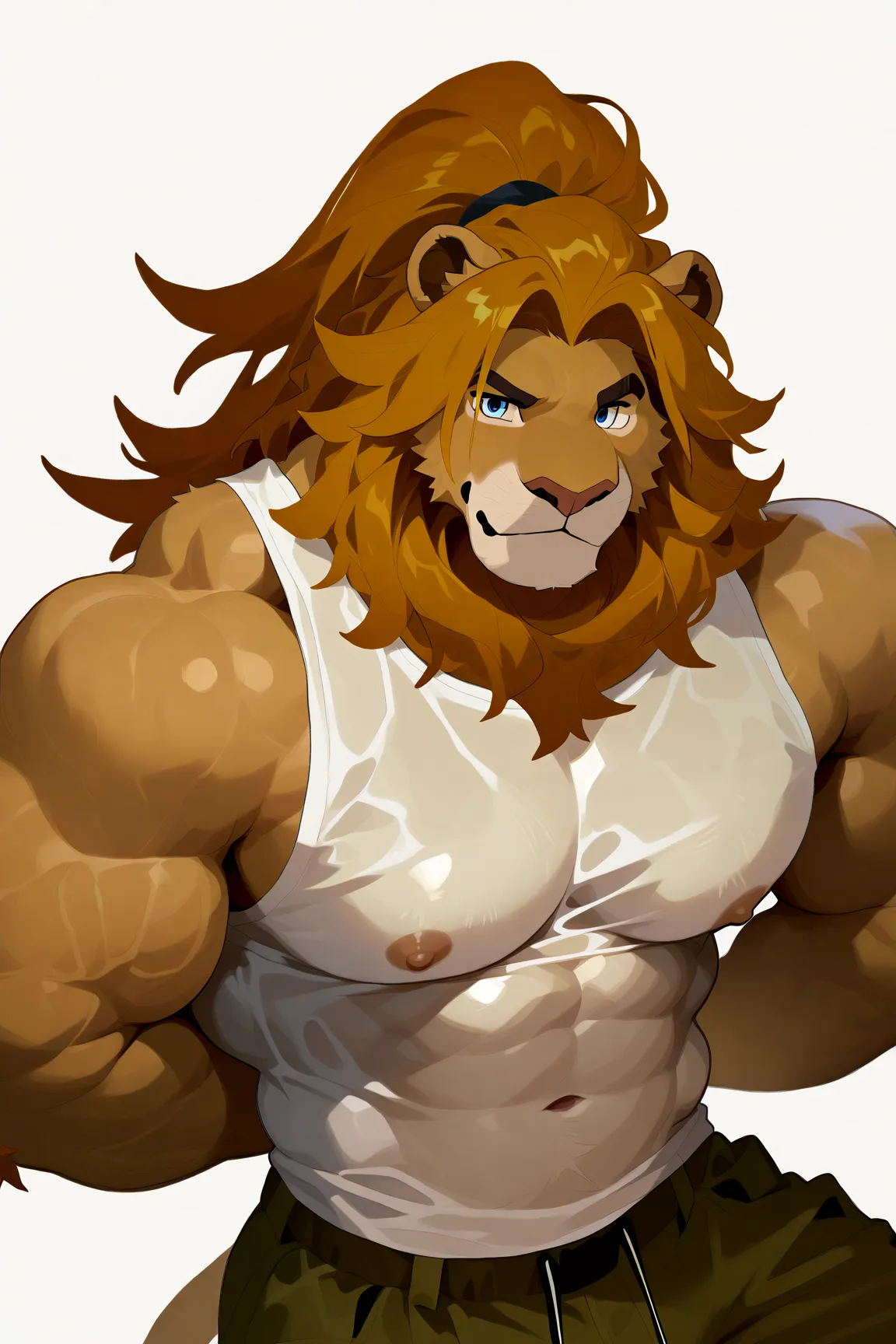  tank top、 cargo pants 、 Lion Beastman、Bronze Hair ，long hair、ponytail、Disheveled Hair、Blue Eyes 、strand、 furry art ,   muscular  ， super strong and cool  , colorful   muscular  , takes a passionate pose, best image quality、