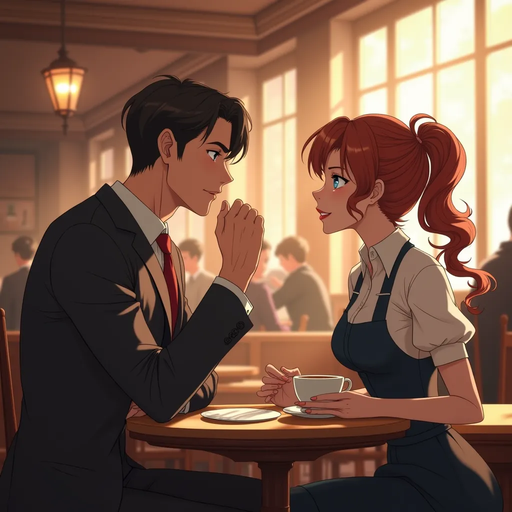 in anime style  An elegant café on Fifth Avenue with a warm, cozy atmosphere. The scent of coffee and cinnamon fills the air. At the farthest corner, a strikingly handsome billionaire, Alexander Carter, sits in a crisp charcoal suit, exuding power and myst...