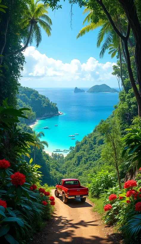 High Res Images( 8k Wallpaper),Places where visibility suddenly opens from the genre Details {x} I was able to see the vast ocean when passing through the jungle in a red pickup truck、image of a wonderfully clear ocean, Colorful Flowers 々greets you,Beautif...