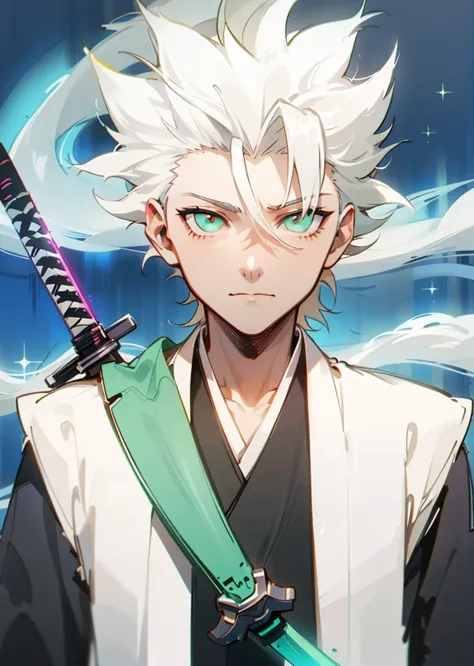 a man with white hair and green eyes holding a sword, ichigo kurosaki, nagito komaeda, white fox anime, a silver haired mad, white haired deity, tite kubo, white - haired fox, male anime character, white haired, anime character, white-haired, hajime yatate...