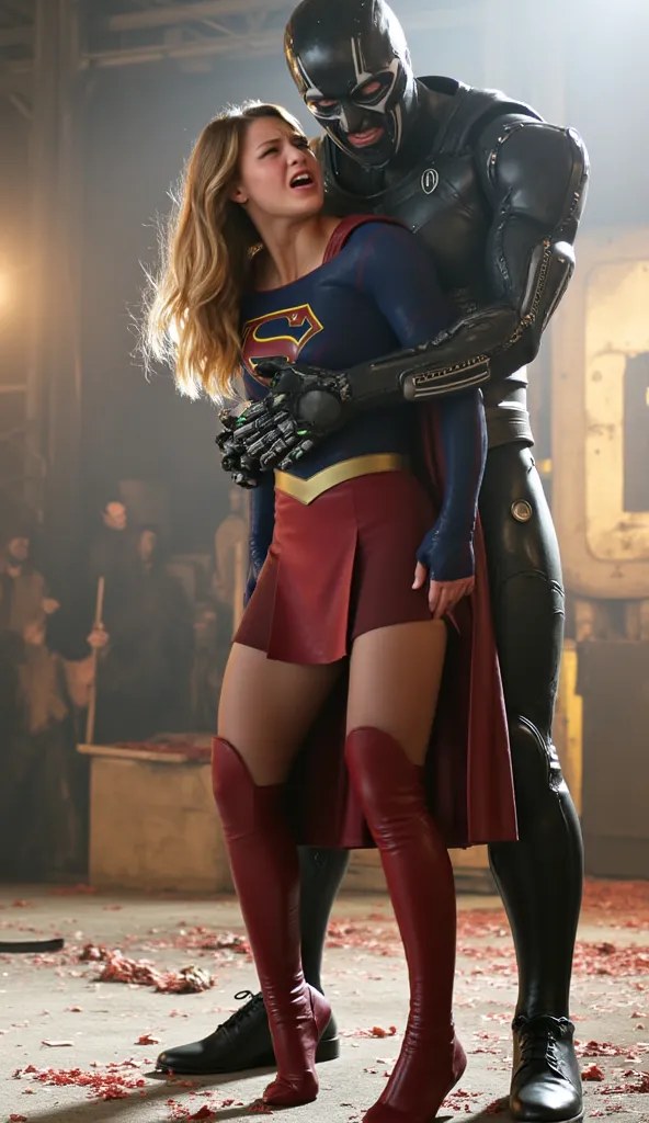 Melissa Benoist as Supergirl, (a very short skirt), fighting with an enemy, she is sexual assaulted from behind by Lex Luther the robot, she bend down and push his hand out, a green lighting collar on her neck, painful face, (Supergirl is screaming in pain...