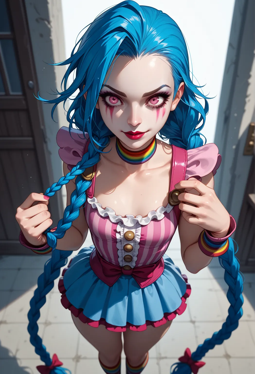 score_9, score_8_above, score_7_above, 1 , Jinx de league of Legends,   Alone,   blue hair clothing,  long braided hair ,  pink eyes ,  perfect anatomy ,   5 fingers,   fair-skinned woman , >:d,   Small breasts,   narrow hips  , curve, roupa de  clown,  cl...