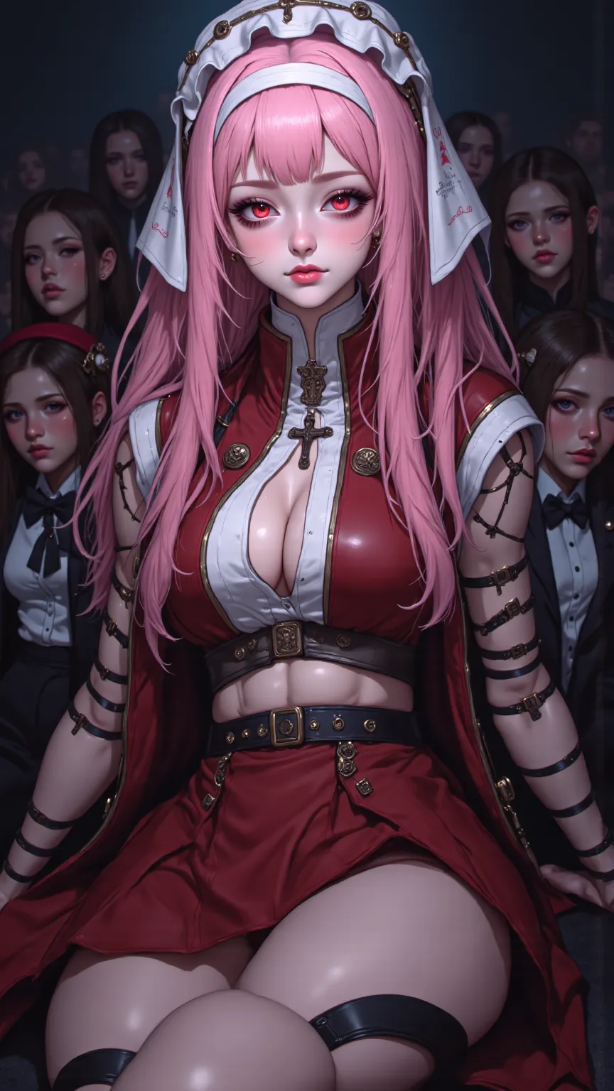 masterpiece、best quality、highres、close up、absurd、 1girl 、crowd、skirt、pink hair、Gasai Yuno、yunouniform、crop top、belly button、revealing clothes、looking at the audience、face red、wallpaper、Yandere,Exquisite and delicate portrait,Young woman with long pink hair...