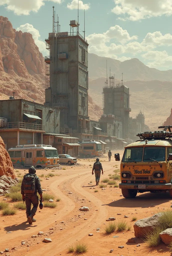 desert camping seen from afar, Cyberpunks houses, metal plate walls surround a small village, many highly modified vans.