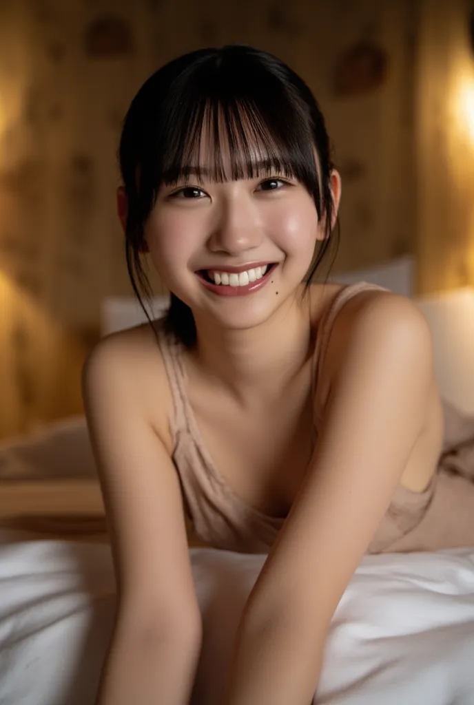       night   、  in bed with a kind smile   、   shiny hair  ,    Slightly messy black hair      ,   ponytail hair  、   8K full body image in the photo       、     Her expression is warm and bright    ,  kind笑顔で.       8K full body image 、 slightly illustra...