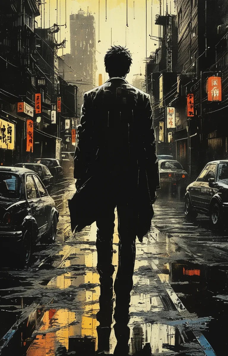 man, Japanese, suit, 20-years-old, cityscape in Tokyo, brake, spot_color, thick brush stroke, colored pen, high_contrast, Cinematic Lighting, intense shadows,
