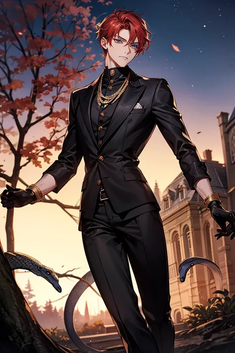 masterpiece, high resolution ,excellent quality , man ,  male gender, red hair , short hair , attractive face, very detailed face, blue eyes , snake eyes, poisonous look , gold chains , black suit  , under apple tree, Alone ,  at night  