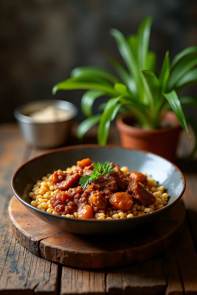 Mutton kasha, wooden table, plant as props, blurred background, canon full frame, food photography 