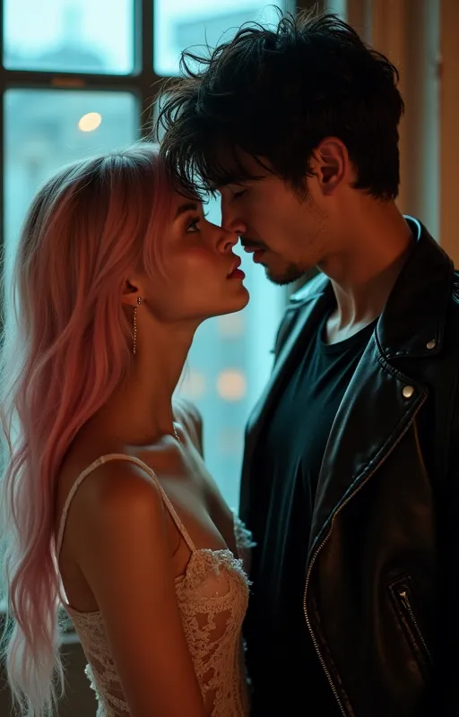 "An 18-year-old girl with long and silky pastel pink hair,  slightly wavy at the tips , and vibrant green eyes, is faced with a 21-year-old man with messy black hair, with locks falling carefree on her forehead.  Her gaze is intense , dark and deep, while ...