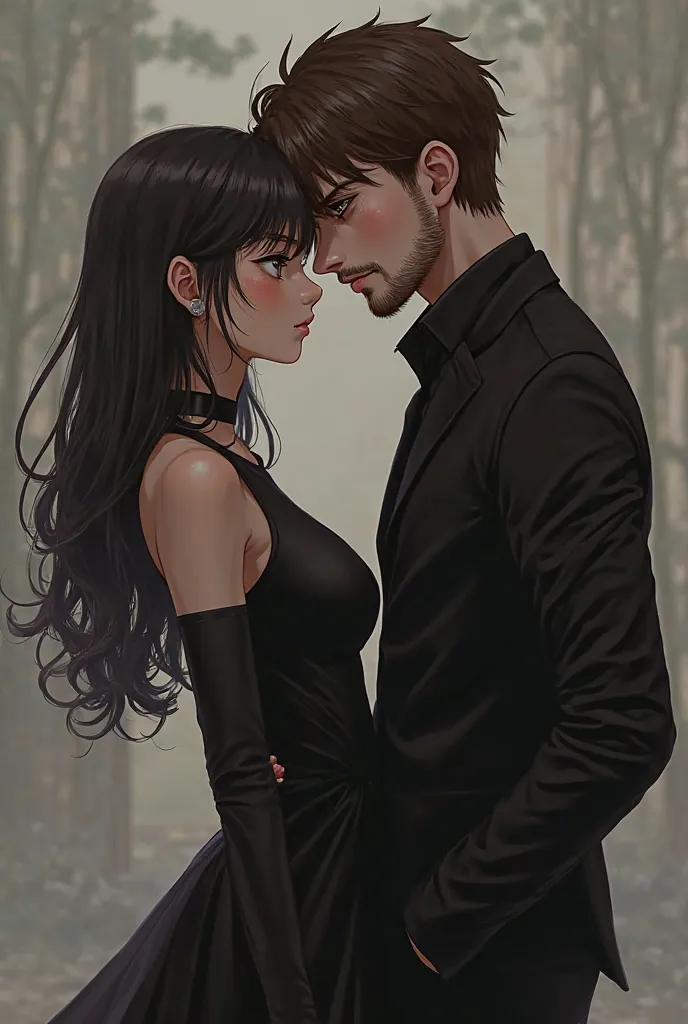 Anime is a girl with clear white skin, hazel eyes, wearing a black dress and her side is a young man with fair skin, black eyebrows, black beard, brown eyes wearing black