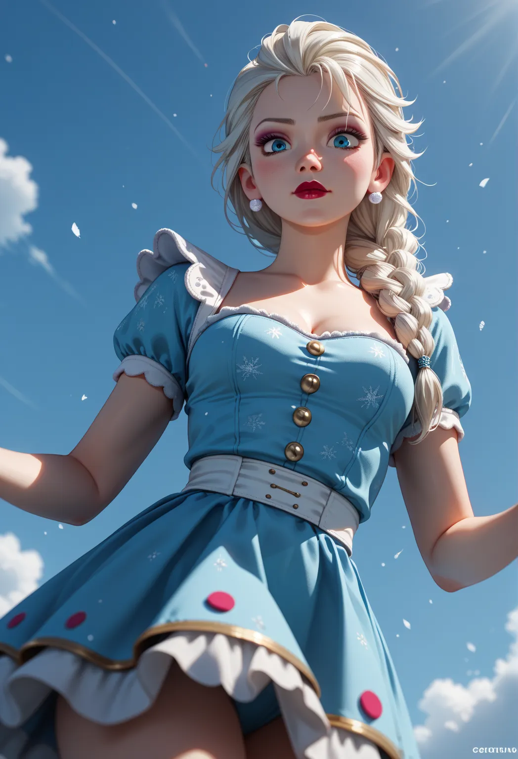 score_9, score_8_above, score_7_above, 1,  Alone, elsa de frozen,   white hair , Braid,  blue eyes,  fair-skinned woman, >:d,  big , Plump hips  , curve,  clown costume ,  uniforms,   seen from below ,  clown outfit  