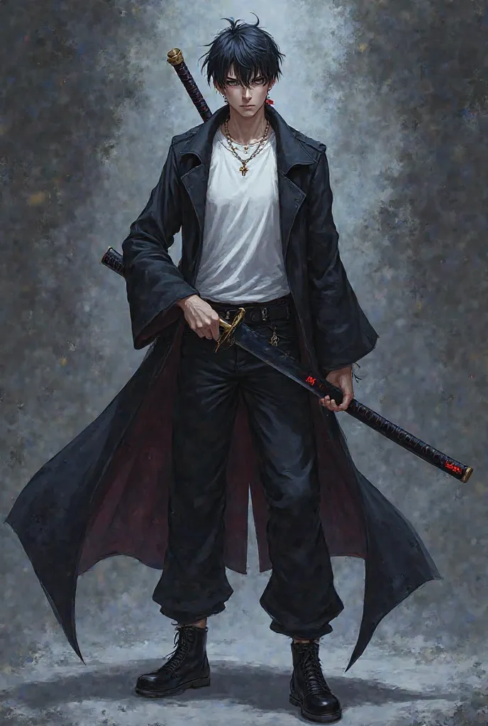 Create a anime boy with good physique and different eyes containing power to and wearing a white t shirt and black long coat on it and Black pant and black shoe with a dark power katana in his hand glowing with darkness