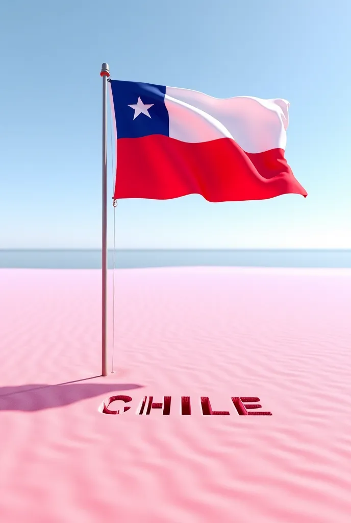 Pink beach with the flag of CHILE with the word chile on the sand