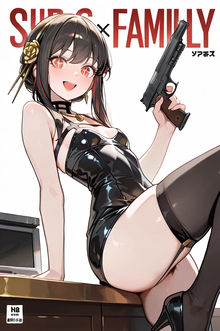 (small breasts:1.3), (perky chest:1.3), (pointed chest:1.2), (gun magazine cover:1.3),(from side:0.9),masterpiece, 1girl, Amazing Cleavage:1.2, thin waist, big ass, Raised sexy, small breast: 1.3, posed cleavage:1.2、(from below:1.2, best quality ),1girl, s...