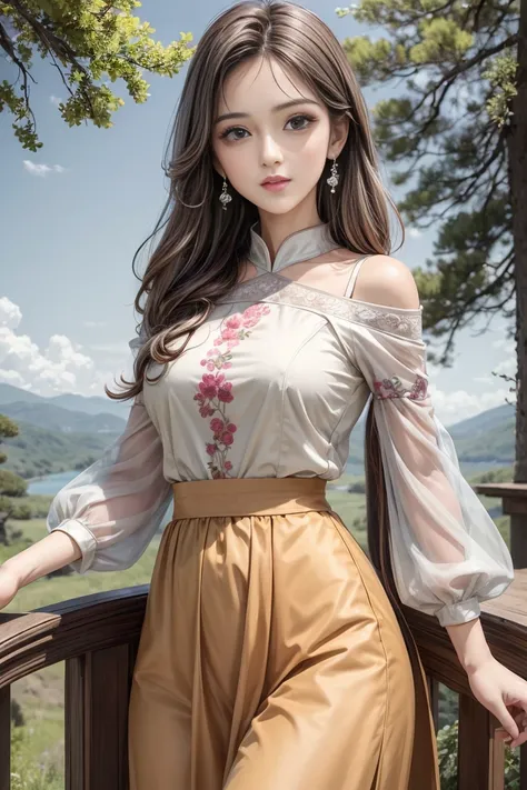 (top quality、masterpiece、high resolution、8k)、Brilliant Color、Young and beautiful woman 1、Perfect Face、perfect style,  beautiful brown eyes, Beautiful pink lips, brownish silver blonde bob hair、blue and orange three-quarter sleeve blouse、purple skirt, smile...