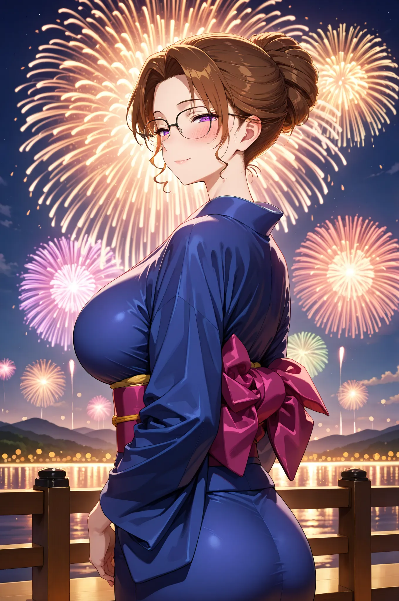 masterpiece,best quality,{{detailed beautiful face and eyes}}, very detailed background,
Kisaki Eri,short hair,brown hair,hair bun, single hair bun,glasses,half closed eyes,purple eyes,large breasts,
solo,1house wife,((kimono)),
aerial fireworks, blurry ba...