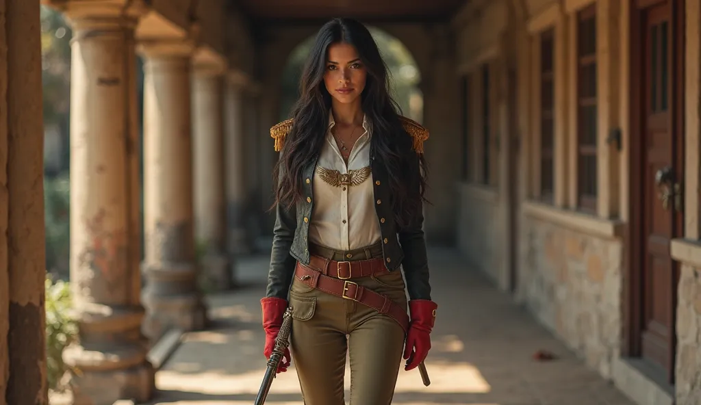 (((1 girl,   beautiful dark haired girl 、with khaki pants and red boots、A luxurious military style jacket、white shirt with chest decoration、And the hand is holding the rapier)))、((Traditional Western-style building hallway)),  cinematography, super detaile...