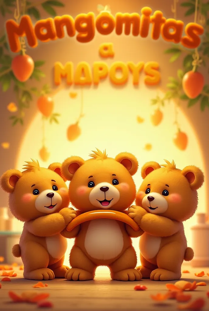 Make a logo of teddy bears holding a handle, because it's a logo for a venture that has gummies with mango flavor, And make it so that up on the ceiling there is the name Mangomitas