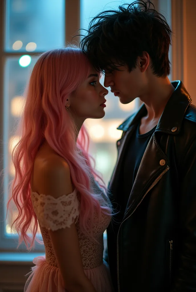 "An 18-year-old girl with long and silky pastel pink hair,  slightly wavy at the tips , and vibrant green eyes, is faced with a 21-year-old man with messy black hair, with locks falling carefree on her forehead.  Her gaze is intense , dark and deep, while ...