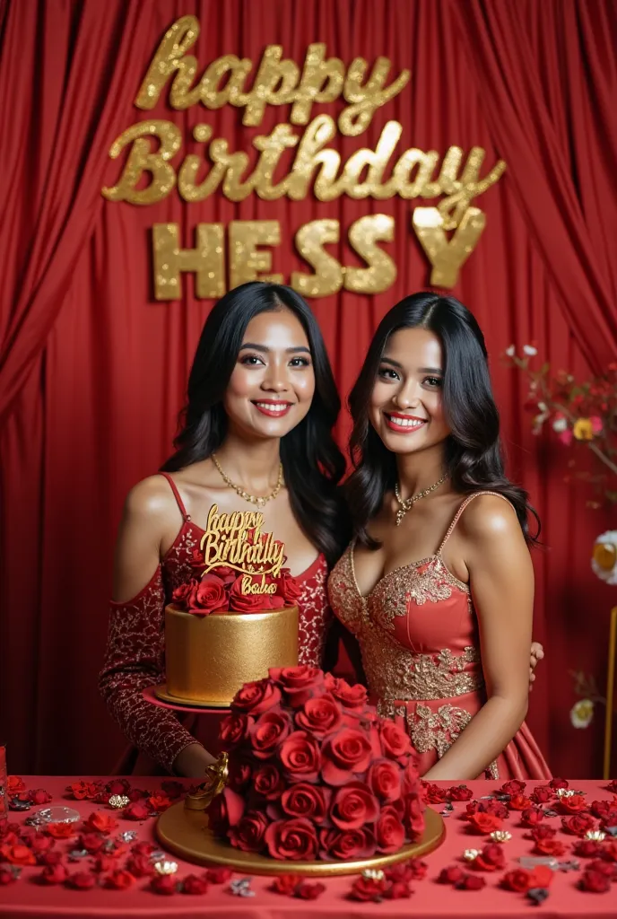 A lively birthday party with an elegant and luxurious feel with a red and gold theme.  Two lovely ladies smiling sweetly in elegant clothes and elegant long hair in neat styling and her face wearing glamorous makeup. Next to it is an artistic two-tier birt...