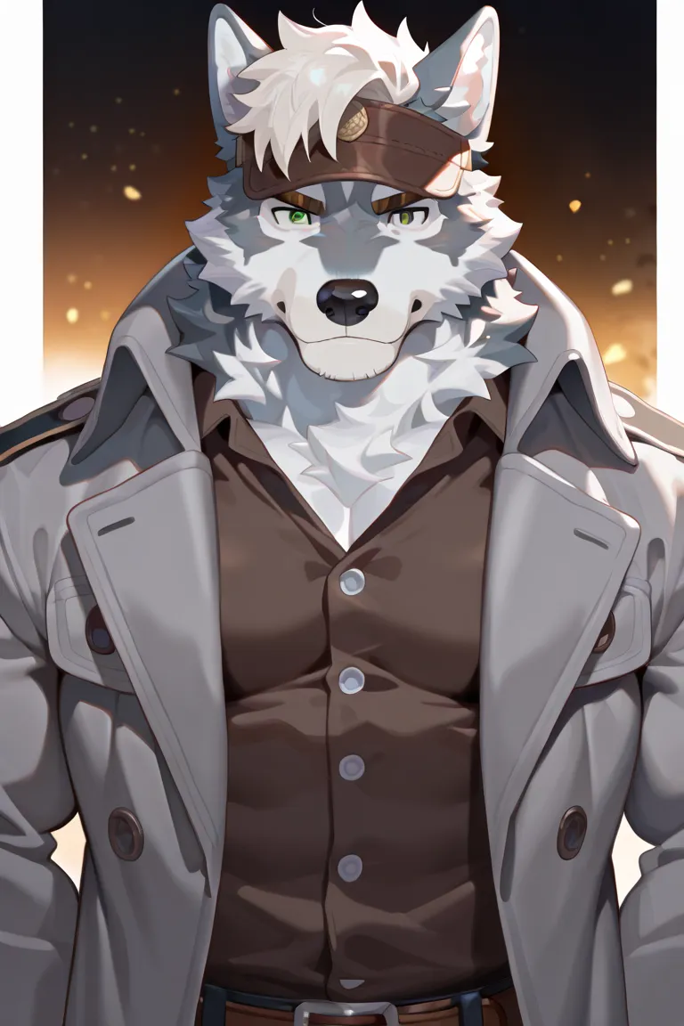   1 boy , alone,  Wolf,  Blue and White Fur , ,  dark pattern , green eyes, blemished eyes, white hair, brown and black hair tips,Brown eyebrows，Rugged ， muscular。
Detective， grey coat。
 confident gestures,
 masterpiece,  they are of the best quality ,

