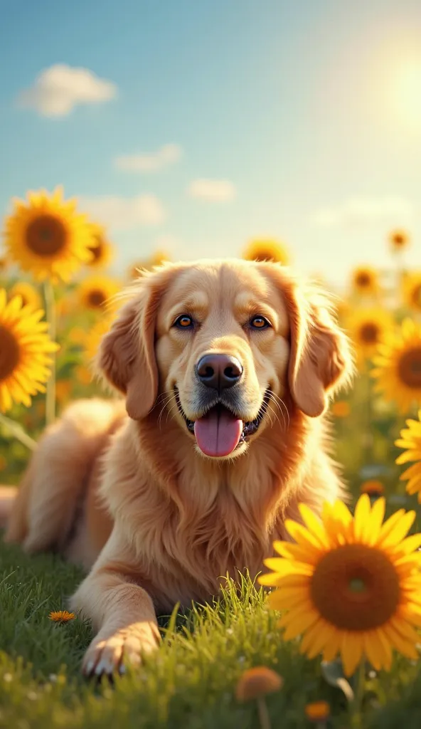 A happy Golden Retriever lying in a field full of bright sunflowers, with a soft, sun-kissed golden glow around the dog. Use a warm, cheerful color palette of yellows, oranges, and greens.