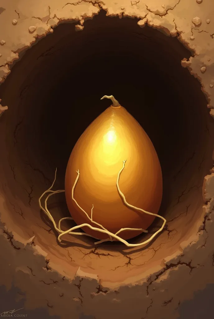 create a realistic illustration of a golden, oval seed inside an earthen hole 