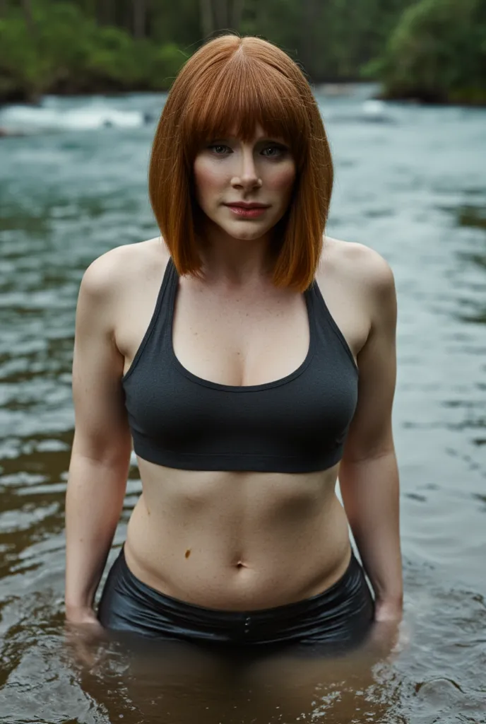 Bryce Dallas Howard, looking at the camera,In a river stuck,with huge visible breasts,not so wide hips and a defined abdomen,with a tight SPORT shirt and tight shorts 