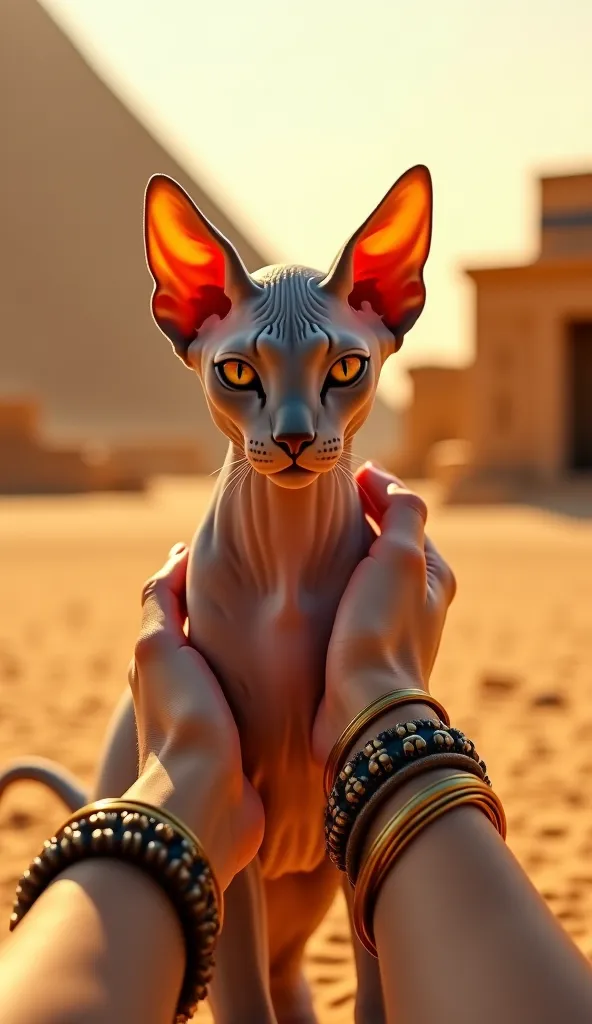 **"first-person perspective, showing delicate hands caressing an Egyptian cat (Sphynx) of noble and elegant appearance. The setting is ancient Egypt, with grandiose pyramids in the background, golden sand scattered on the ground and a light breeze that rai...