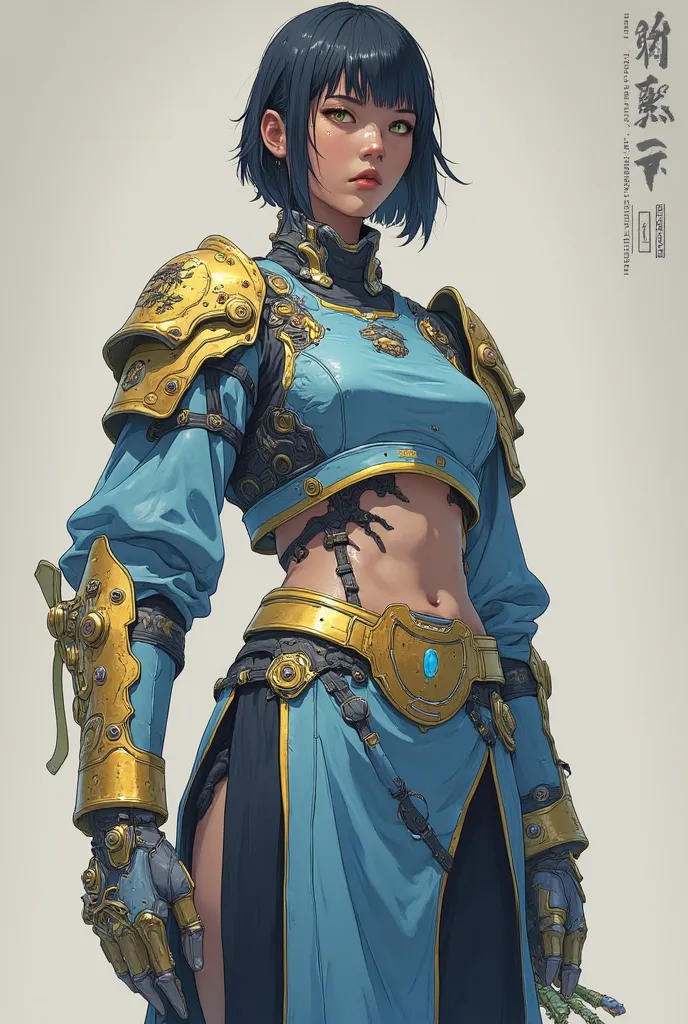 Seo Ji Woo, a beautiful busty woman with short black hair and green eyes, wears a blue crop top paired with a battle-ready skirt with a side slit, decorated with black dragon patterns and gold trim, and also wears gold shoulder armor, gauntlets, and silver...