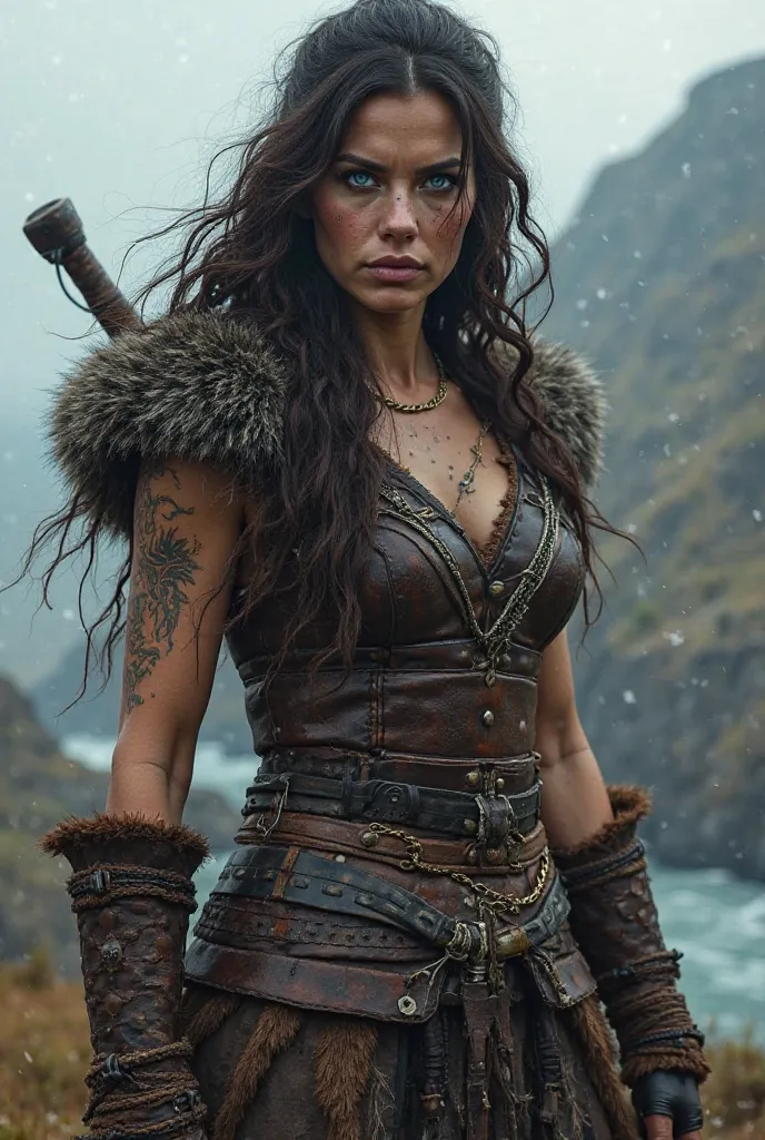 Mulher viking, long hair,wavy, Dark brown, blue eyes, warrior 
