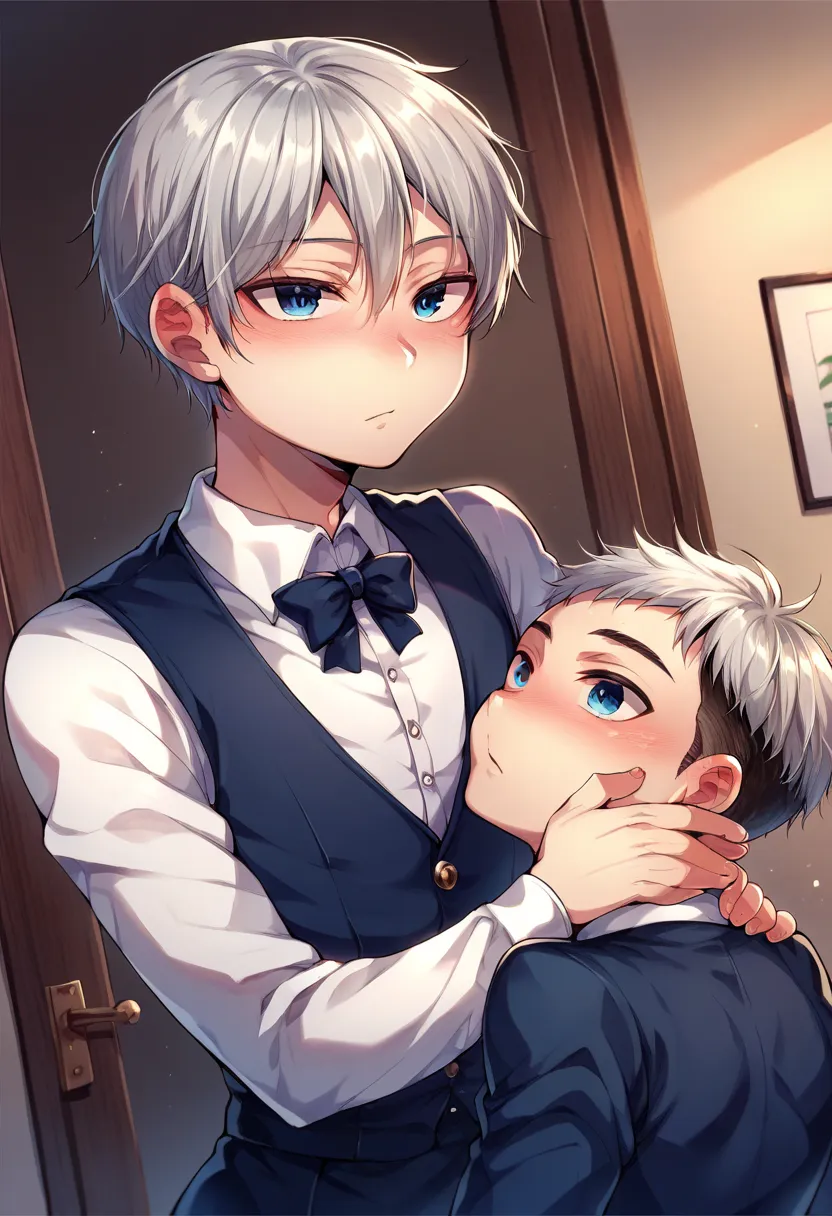 8K Beautiful, Beautiful, Blue Eyes, Silver Haired Boy, Shota, 17-Year-Old Boy, Small Size, Small Shoulder, Clavicle, Beautiful Boy, Provocative Face, Butler Uniform 1boy