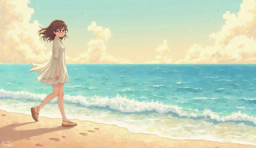 An anime-style illustration of a young woman with glasses walking along the shoreline. Her brown hair is gently tousled by the sea breeze, and she has a calm, thoughtful expression as she gazes at the ocean. She wears a light, flowing outfit that moves wit...