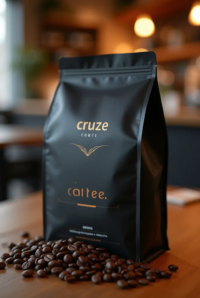 A high-quality coffee bag with a matte black finish, featuring the brand logo "Cruze" in an elegant, minimalist design. The packaging is sleek and modern, placed on a wooden table with coffee beans scattered around. A warm coffee shop ambiance in the backg...