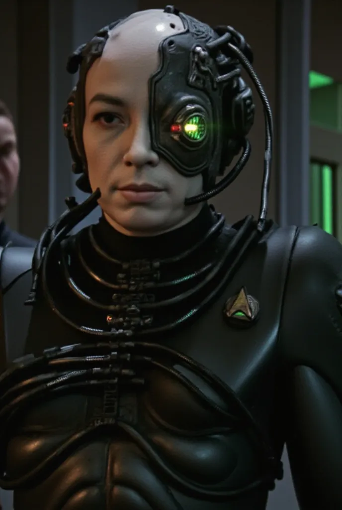 Borg christine from Star Trek, standing in a dark, mechanical environment. Her face is pale with a mix of human features BALD and sleek cybernetic implants. A glowing green ocular device covers one eye, with wires running down her neck into her body. Her s...