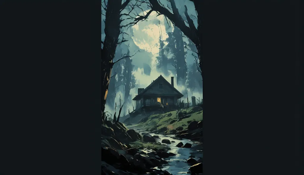 Dark fantasy illustration, cinematic composition, a lone wooden cabin in a misty forest, eerie moonlight, a river reflecting the pale light, twisted leafless trees framing the scene, dramatic lighting, ultra-detailed textures, photorealistic rendering, ins...